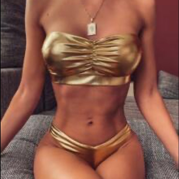 SHEIN Other - SHEIN metallic gold strapless top & narrow cut bottoms bikini set size Small